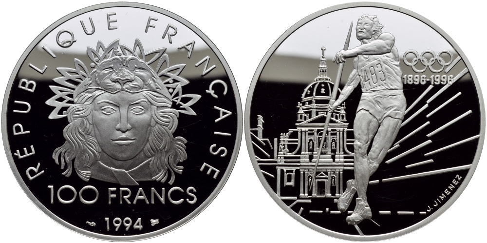 Франция 100 франков 1994 100 лет Олимпийскому движению (1896-1996), копьеметатель KM 1048 серебро PROOF 06-273-45