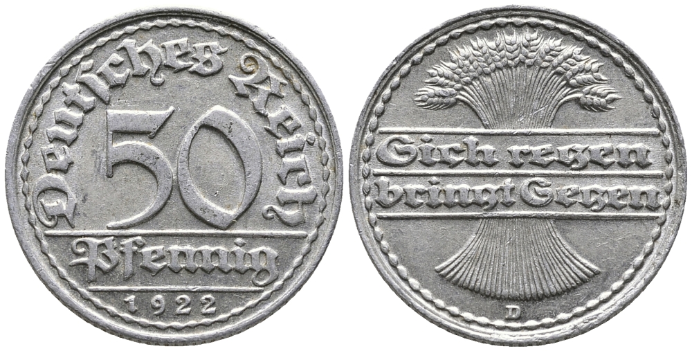 ГЕРМАНИЯ 50 ПФЕННИГОВ 1922 D KM 27, J. 301 алюминий 24-1111