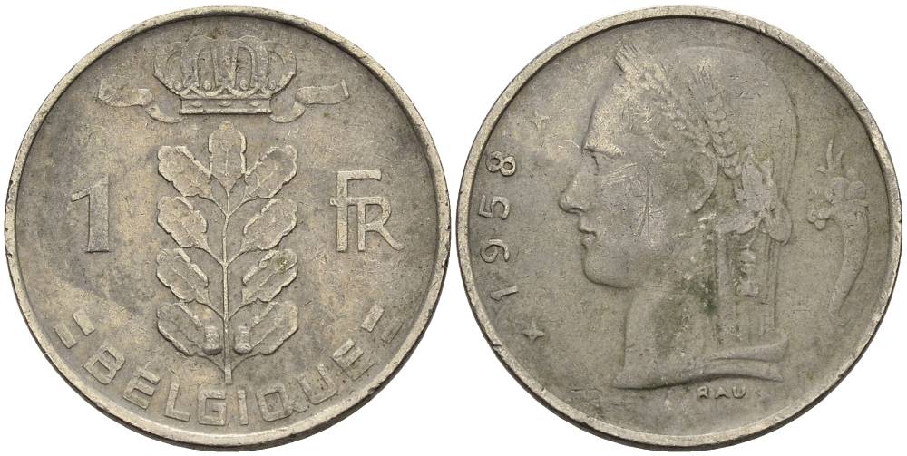 БЕЛЬГИЯ 1 ФРАНК 1958 BELGIQUE KM 142.1 медно-никель 4546-443