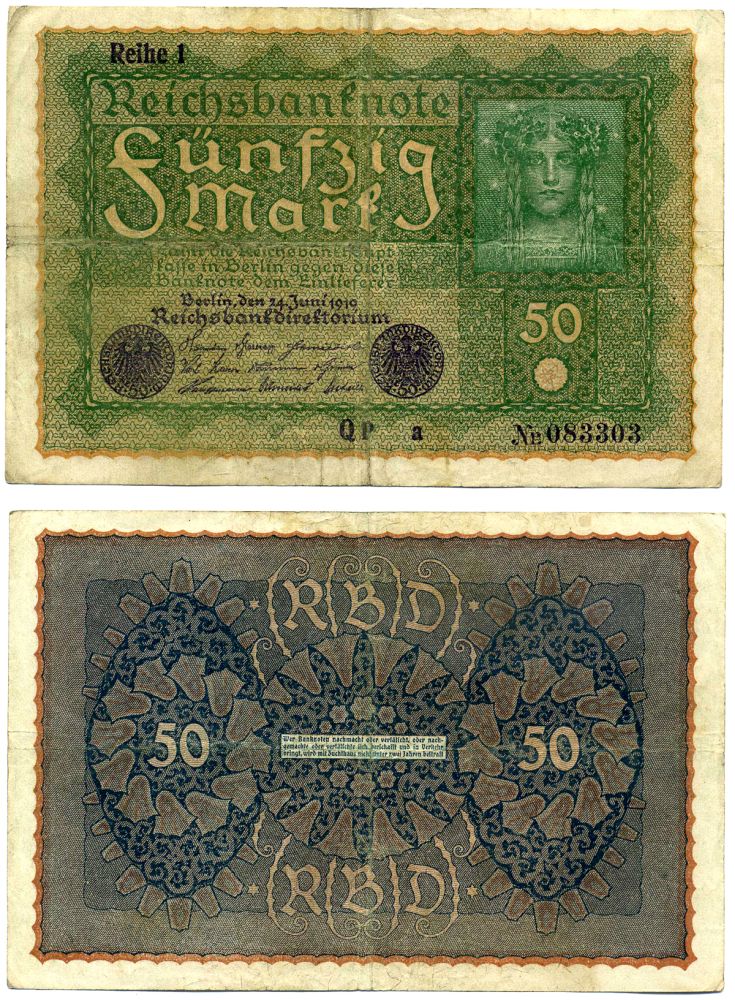 Германия 50 марок 1919 24 июня 1919, REIHE 1, серия QP Pick 66, Розенберг 62a бумага 8619-2-1-1
