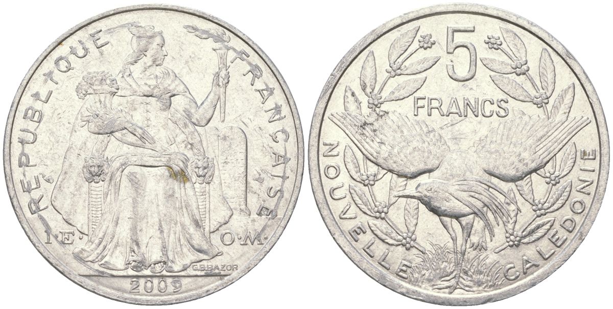 Французская Новая Каледония 5 франков 2009 птица кагу, (IEOM) KM 16, Schoen 12, Lec 81k алюминий 4111-425