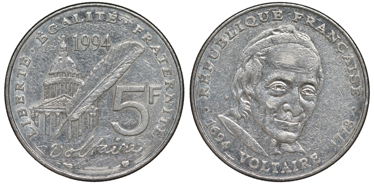 Франция 5 франков 1994 300 лет со дня рождения Вольтера KM 1063, Le Franc 344.2 медно-никель плакированный никелем 91-533
