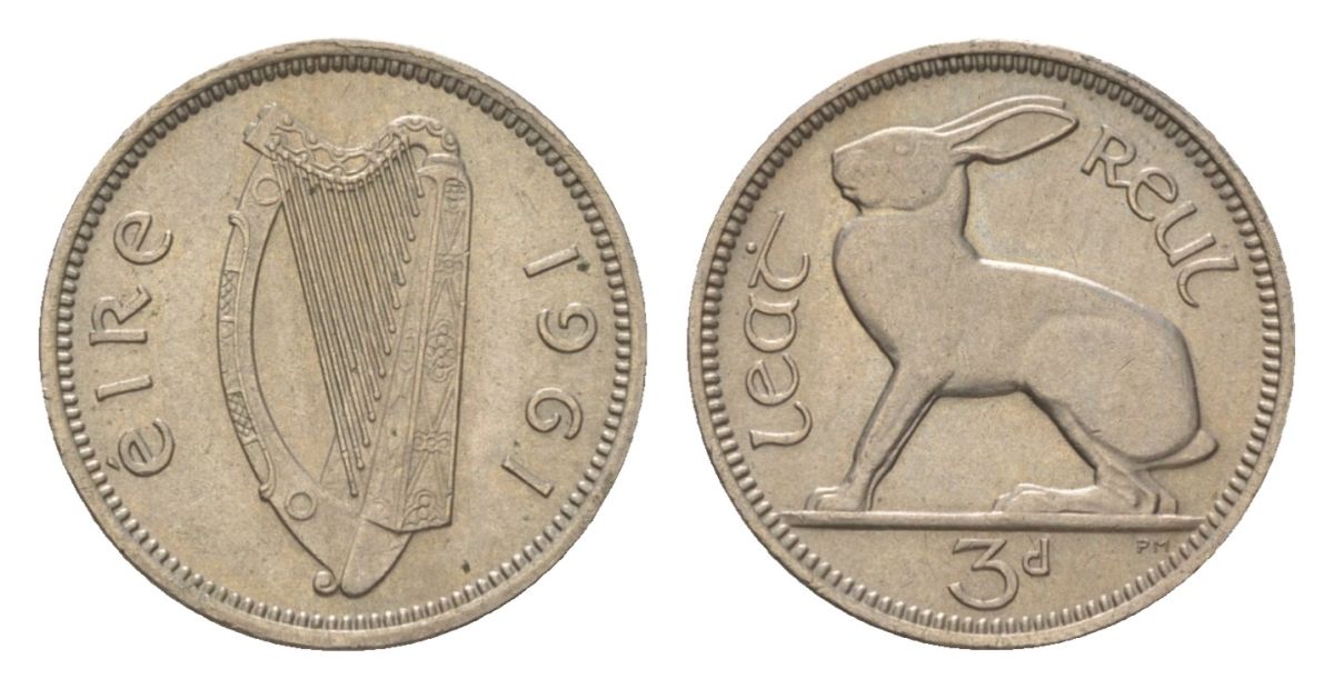 Ирландия 3 пенса 1961 заяц KM 12a медно-никель aUNC 4627-817