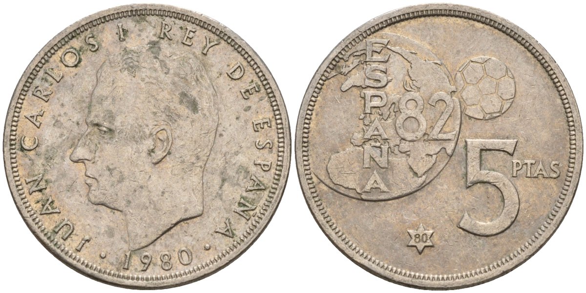 Испания 5 песет 1980 (80) Хуан Карлос I (1975 - 2014) KM 817 медно-никель 4155-747