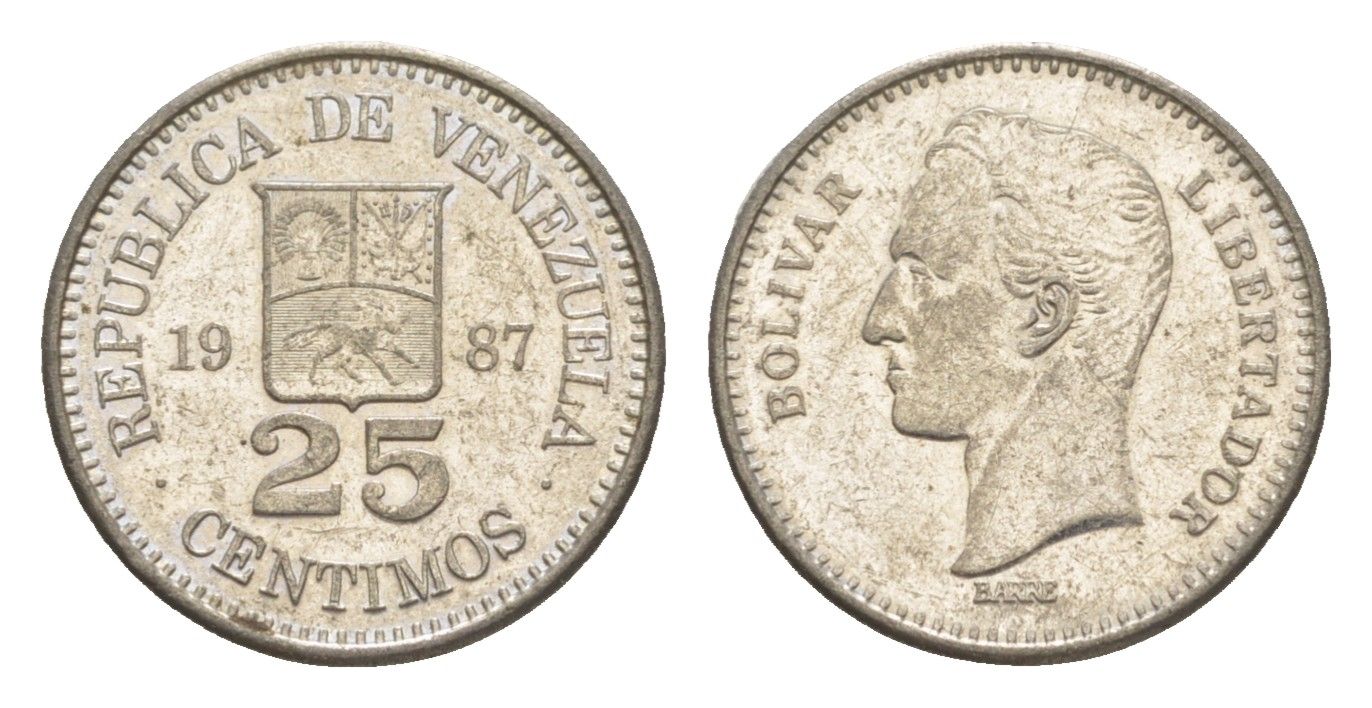 Венесуэла 25 сентимо 1987 Симон Боливар Y 50.2 никель 4580-436