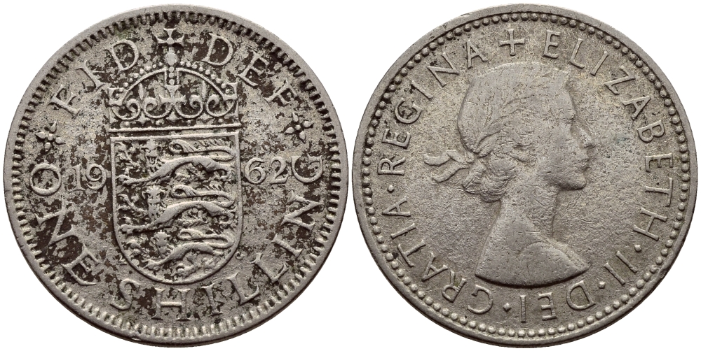 Великобритания 1 шиллинг 1962 Елизавета II (1952-2022), Английский герб KM 904, Spink 4147 медно-никель 75-1813