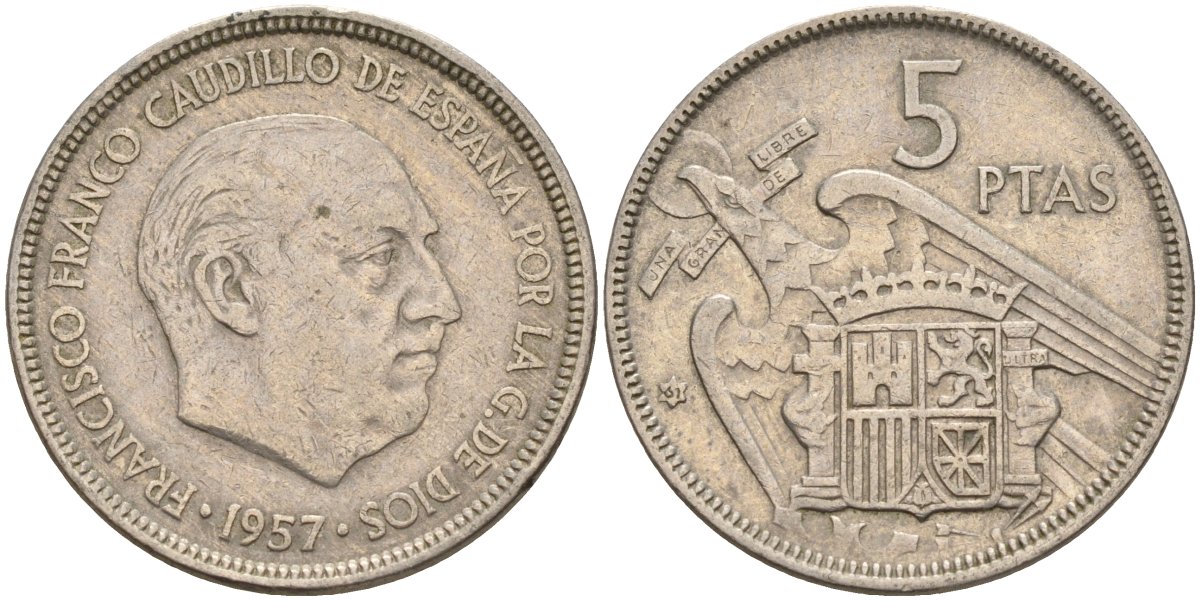 Испания 5 песет 1957 (61) Франсиско Франко (1939 - 1975) KM 786 медно-никель 4155-534