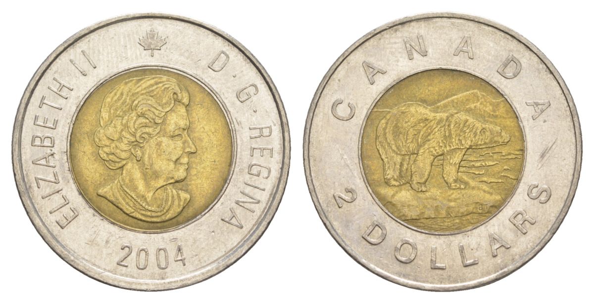 Канада 2 доллара 2004 Елизавета II (1952-2022), полярный медведь KM 496 биметалл 4631-842