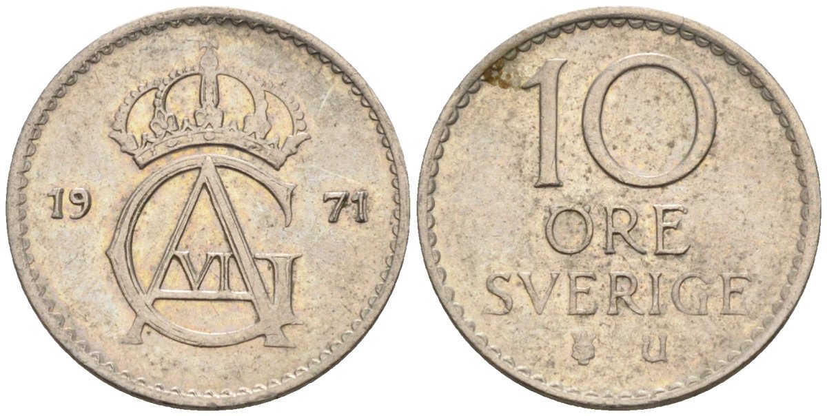 Швеция 10 эре 1971 Густав VI Адольф (1950-1973) KM 835 медно-никель 4585-412