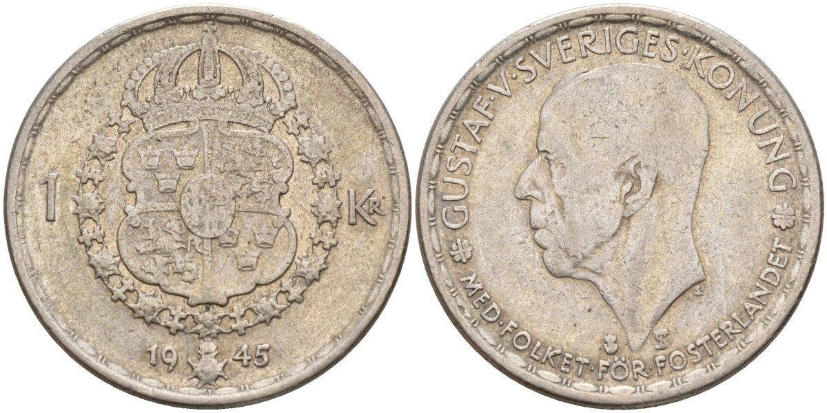 Швеция 1 крона 1945 TS, Густав V (1907-1950) KM 814 серебро 4148-1025