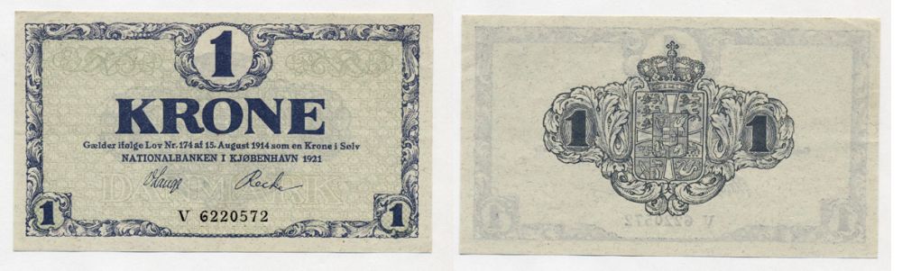 Дания 1 крона 1921 серия V Pick 12 f бумага aUNC 7217-1-2-2