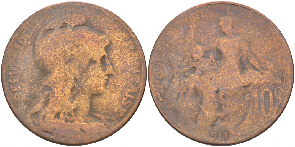 ФРАНЦИЯ 10 САНТИМОВ 1911 ТИП ДАНИЭЛЬ ДЮПЮИ KM 843, LA FRANC 136.21 бронза 3457-546
