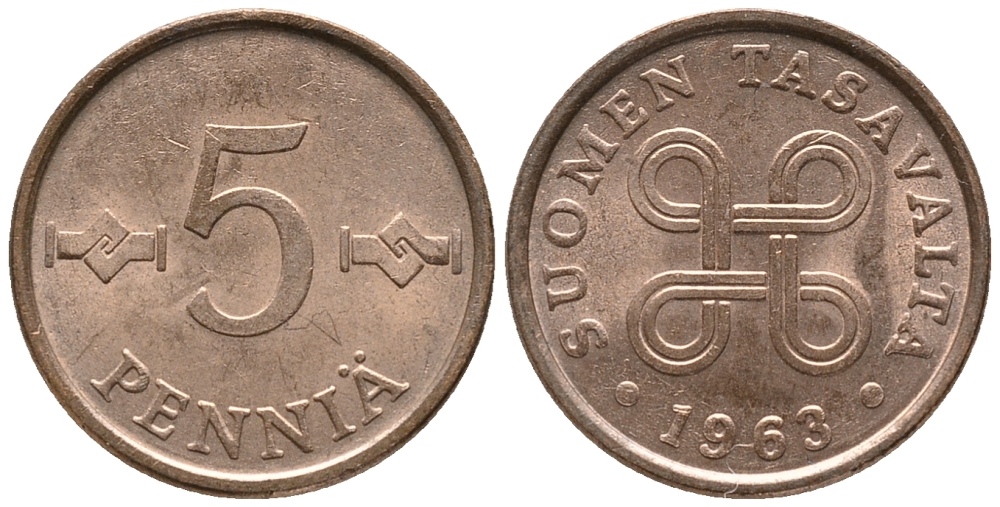 ФИНЛЯНДИЯ 5 ПЕННИ 1963 KM 45 медь 100-1267