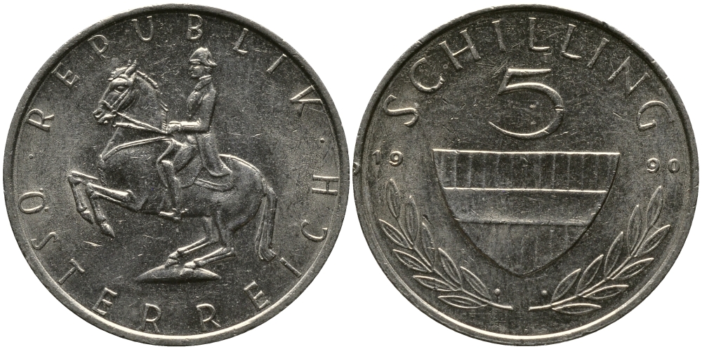 АВСТРИЯ 5 ШИЛЛИНГОВ 1990 KM 2889а медно-никель 33-625