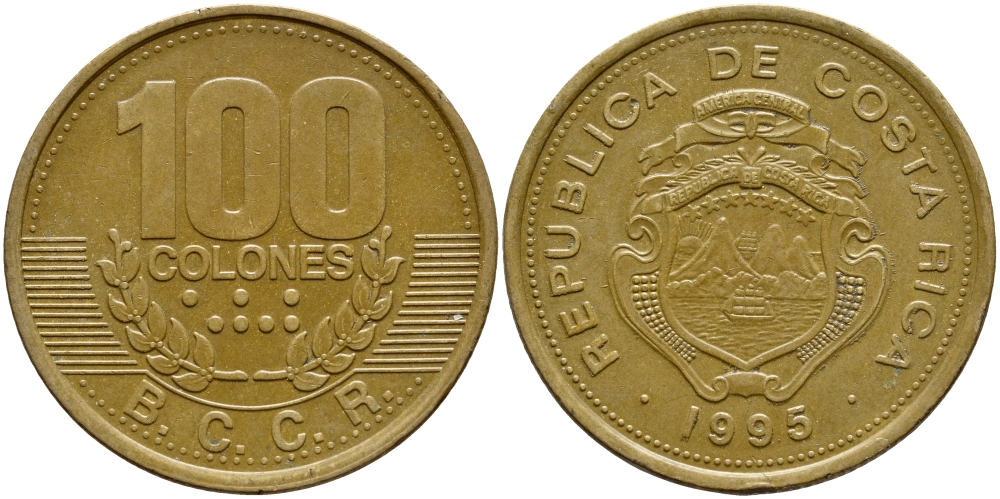 КОСТА-РИКА 100 КОЛОН 1995 B.C.C.R., ГОД ТИП KM 230 сталь плакированная латунью 63-823