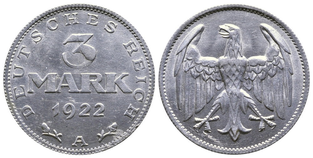ГЕРМАНИЯ 3 МАРКИ 1922 А KM 28, J. 302 алюминий 4380-726