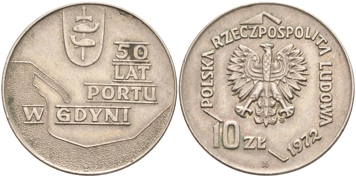 Польша 10 злотых 1972 MW, 50 лет морскому порту в Гдыне KM 65 медно-никель 4517-325
