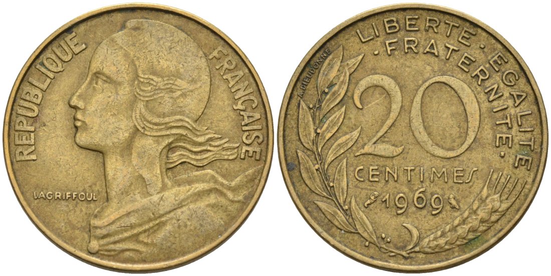 ФРАНЦИЯ 20 САНТИМОВ 1969 ТИП MARIANNE KM 930, LE FRANC 156.9 медь алюминий никель 4573-1042
