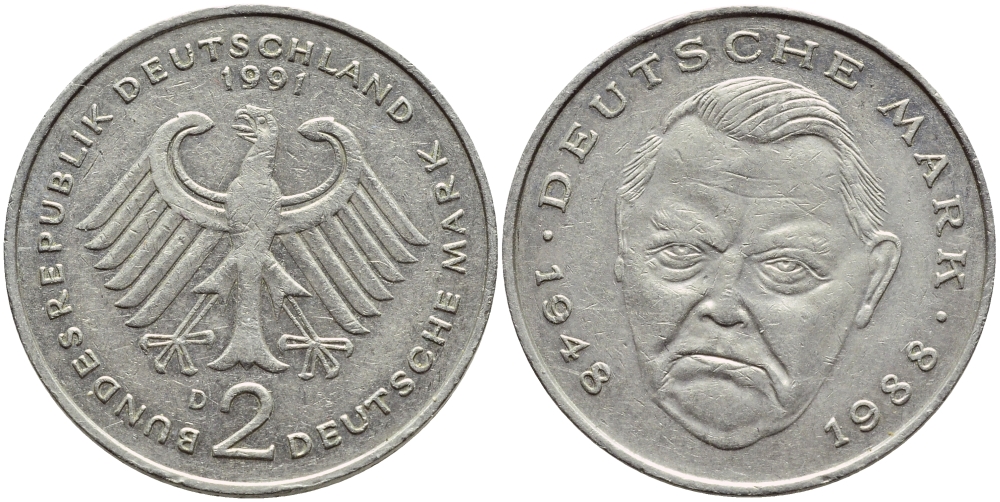 ФРГ 2 МАРКИ 1991 D, ЭРХАРД ЛЮДВИГ КМ 170 J.445 медно-никель плакированный никелем 80-545