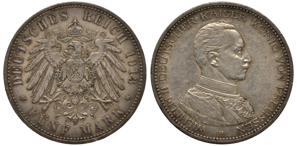 Пруссия 5 марок 1913 Вильгельм II в мундире KM 536, J.114 серебро 3711-424