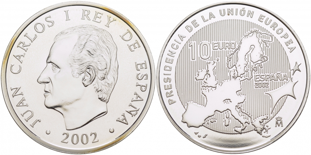 Испания 10 евро 2002 Председательство Испании в Евросоюзе, карта KM 1048 серебро PROOF 11-112-21