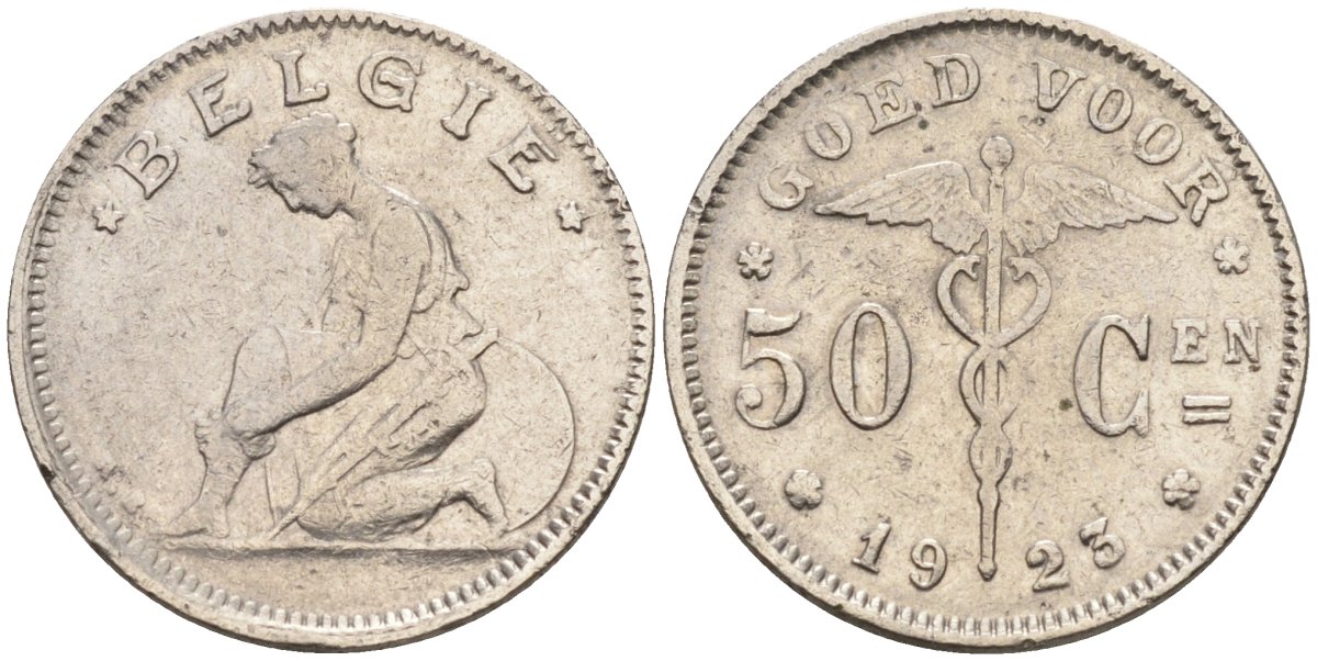 Бельгия 50 сантимов 1923 BELGIE, Альберт I KM 88 никель 4594-357