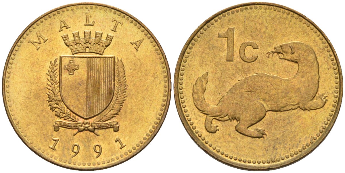 Мальта 1 цент 1991 ласка, горностай KM 93 никель латунь 4585-1217