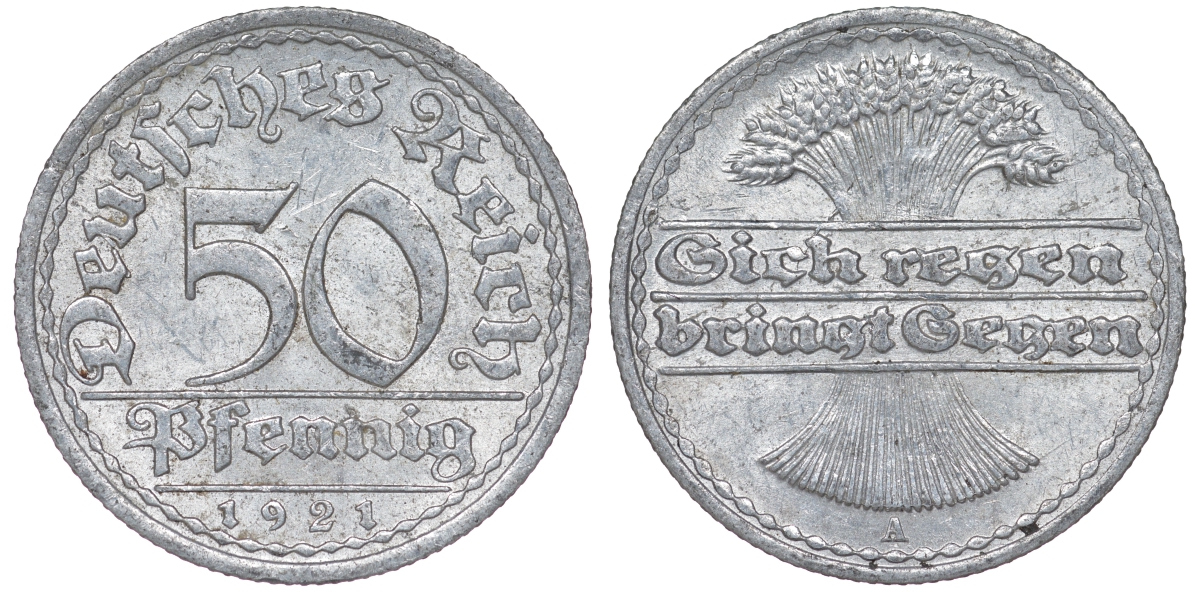 Германия 50 пфеннигов 1921 A KM 27, J. 301 алюминий 4114-151