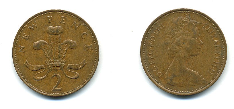 Великобритания 2 пенса 1971 Елизавета II (1952-2022) КМ 916, Spink 4235 (C1) бронза 4110-636