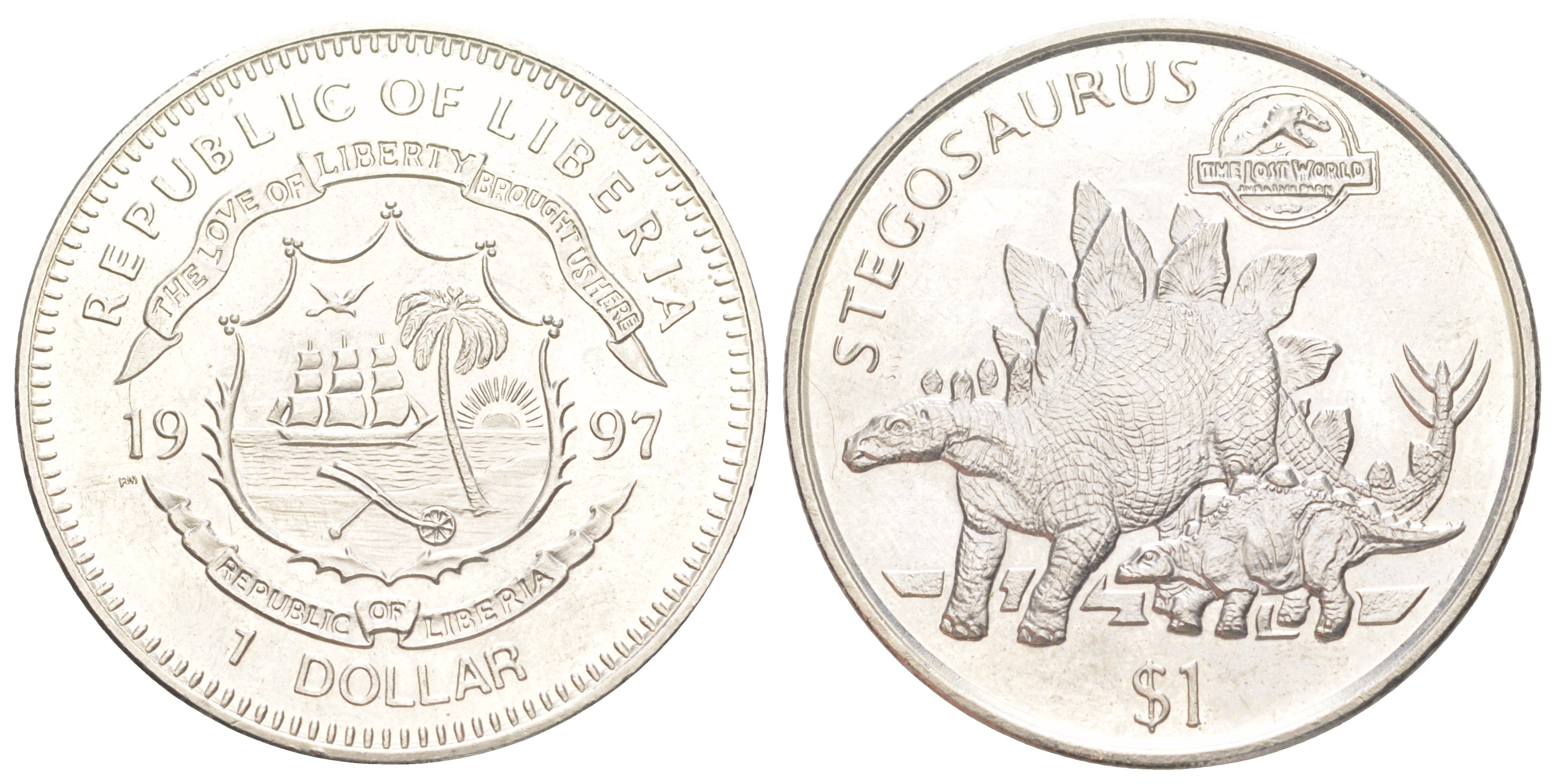 Либерия 1 доллар 1997 Парк Юрского периода - Стегозавр KM 324 медно-никель BU 4044-321