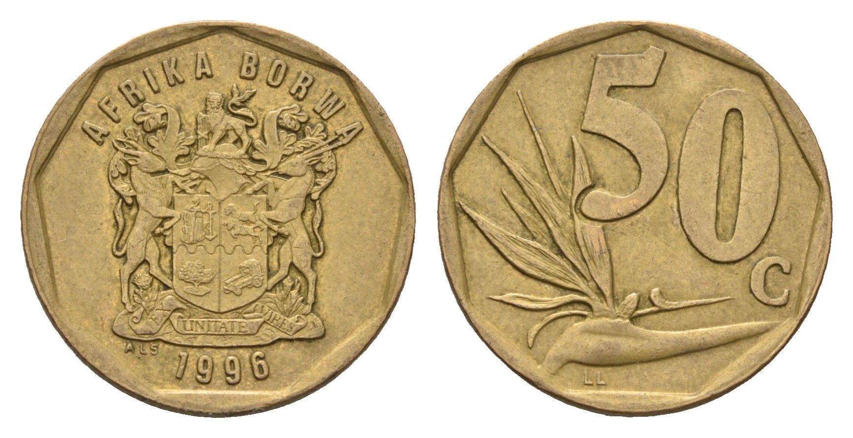 ЮАР 50 центов 1996 Зантедеския Эллиота (калла), герб KM 163 сталь плакированная бронзой 4687-722