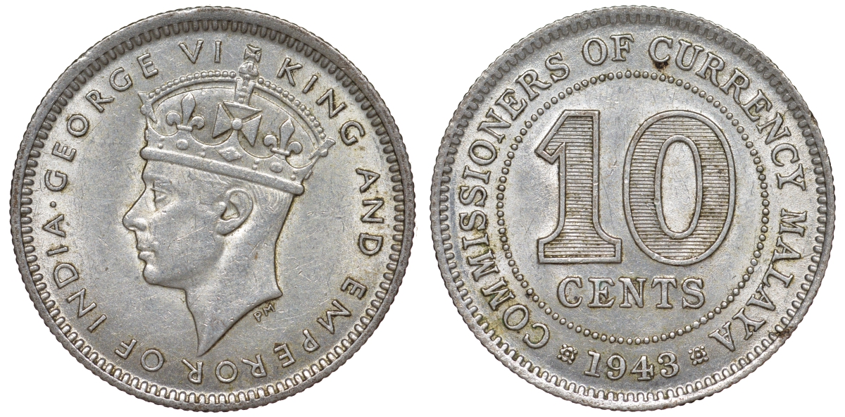 Британская Малайя 10 центов 1943 Георг VI (1937-1952) KM 4a серебро 53-243