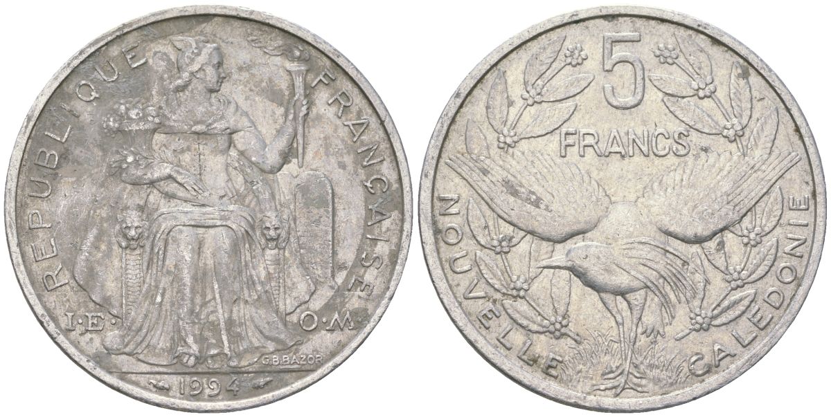 Французская Новая Каледония 5 франков 1994 птица кагу, (IEOM) KM 16, Schoen 12, Lec 81 алюминий 189-132