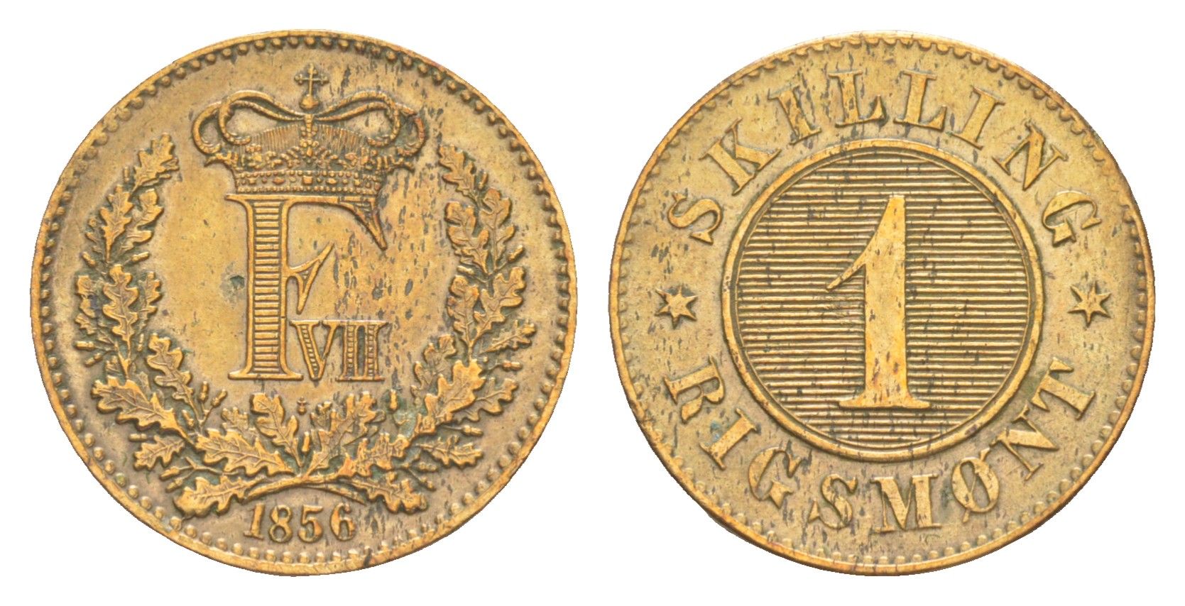 Дания 1 скиллинг-ригсмёнт 1856 Фредерик VII (1848-1863) KM 763 медь 4615-323