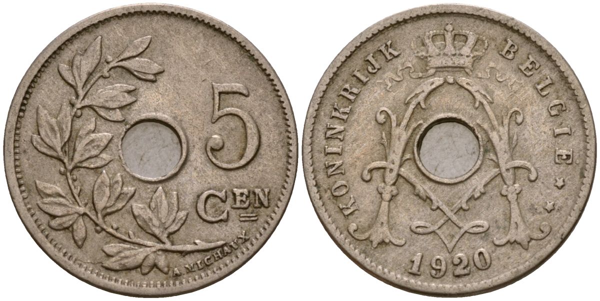 Бельгия 5 сантимов 1920 Король Альберт I (1910 - 1934) KM 67 медно-никель 39-1142