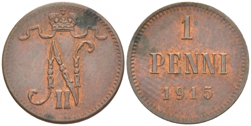РОССИЯ ДЛЯ ФИНЛЯНДИИ 1 ПЕННИ 1915 НИКОЛАЙ II KM 13, Биткин 475 медь 4396-1463