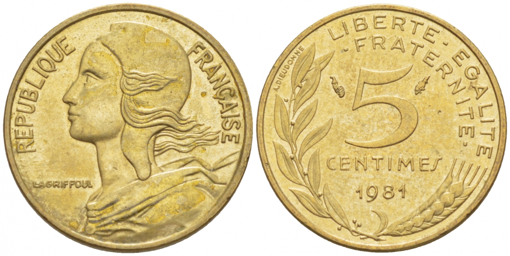 ФРАНЦИЯ 5 САНТИМОВ 1981 ТИП MARIANNE KM 933 медь алюминий никель 112-833