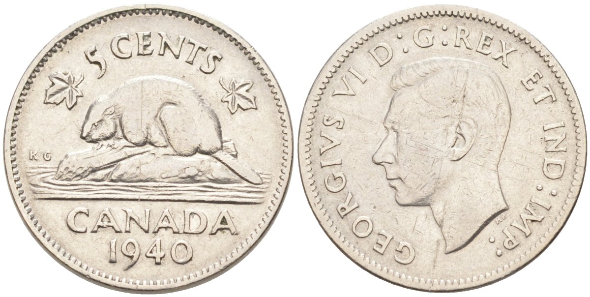 Канада 5 центов 1940 бобр, Георг VI (1937-1952) KM 33 никель 4575-1155
