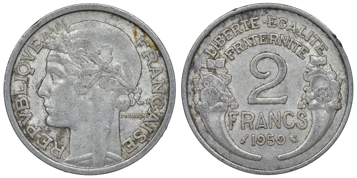 Франция 2 франка 1959 KM 886а.1, Le Franc 269.19 алюминий 4123-415