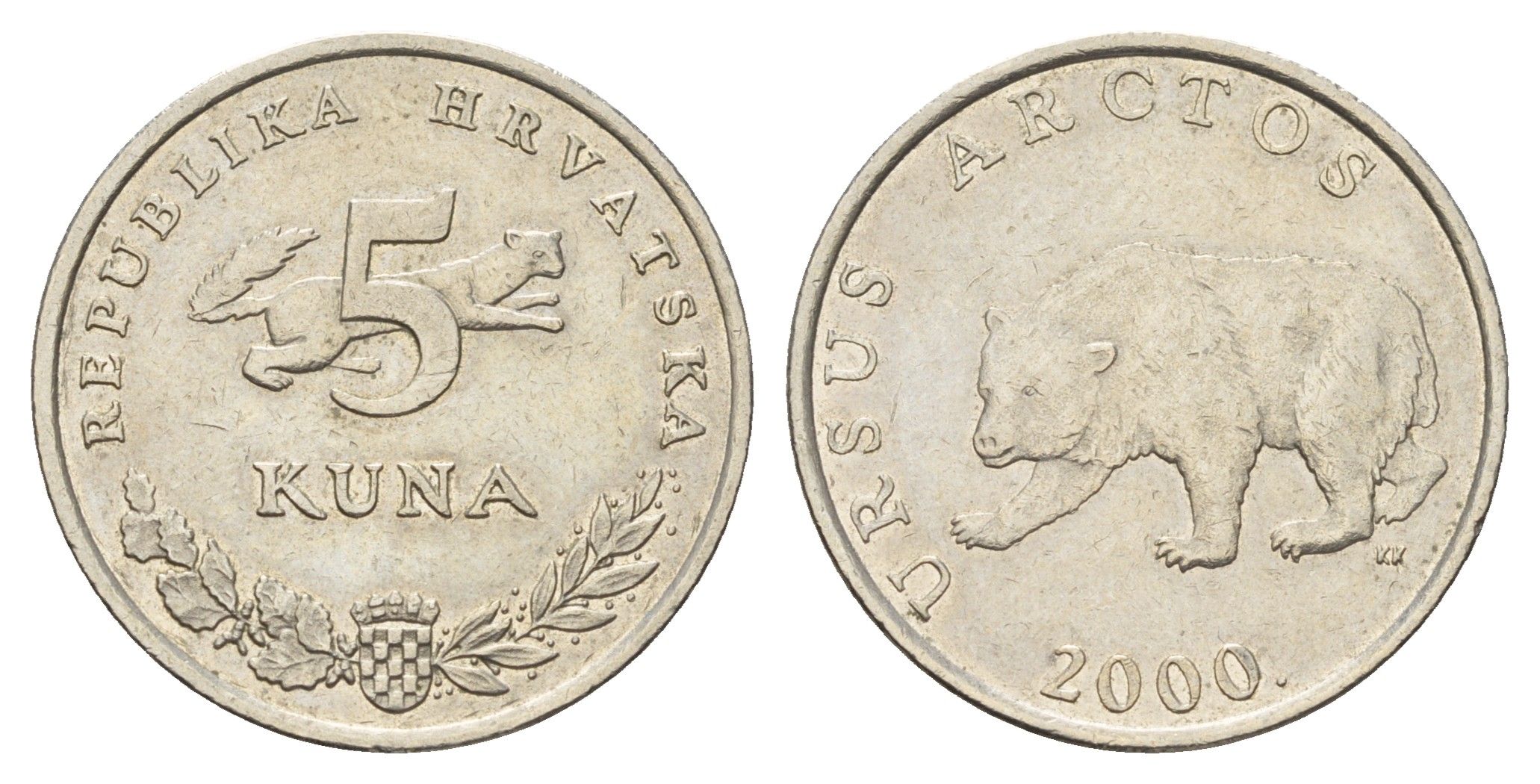 Хорватия 5 кун 2000 бурый медведь, легенда на латинском KM 23 медь цинк никель 3459-943