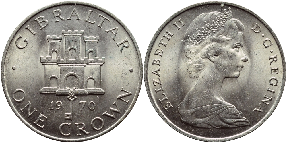 Гибралтар 1 крона 1970 Елизавета II (1952-2022), старый замок KM 4 медно-никель UNC 74-721