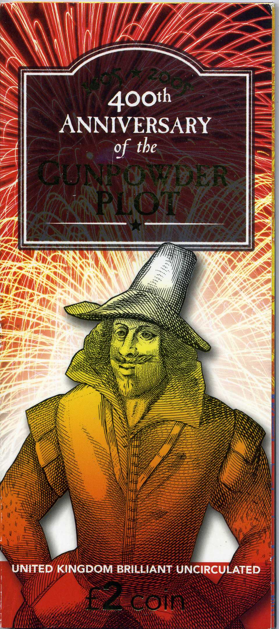 Великобритания 2 фунта 2005 Елизавета II (1952-2022), 400 лет ночи Гая Фокса (Пороховому заговору), в оригинальном картонном буклете KM 1052, Spink 4579 (K18) биметалл BUNC 00-00