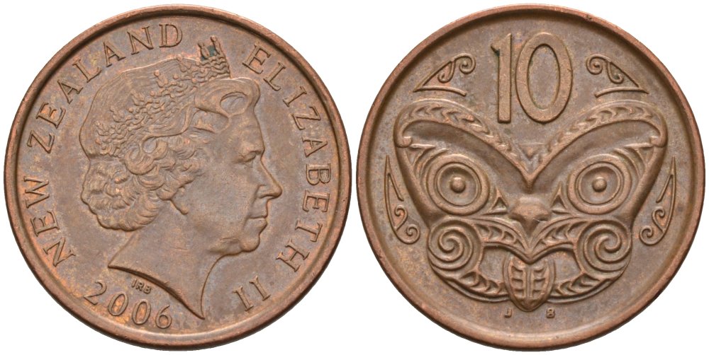 Новая Зеландия 10 центов 2006 маска Маори, Елизавета II (1952-) KM 117а сталь плакированная медью 176-153