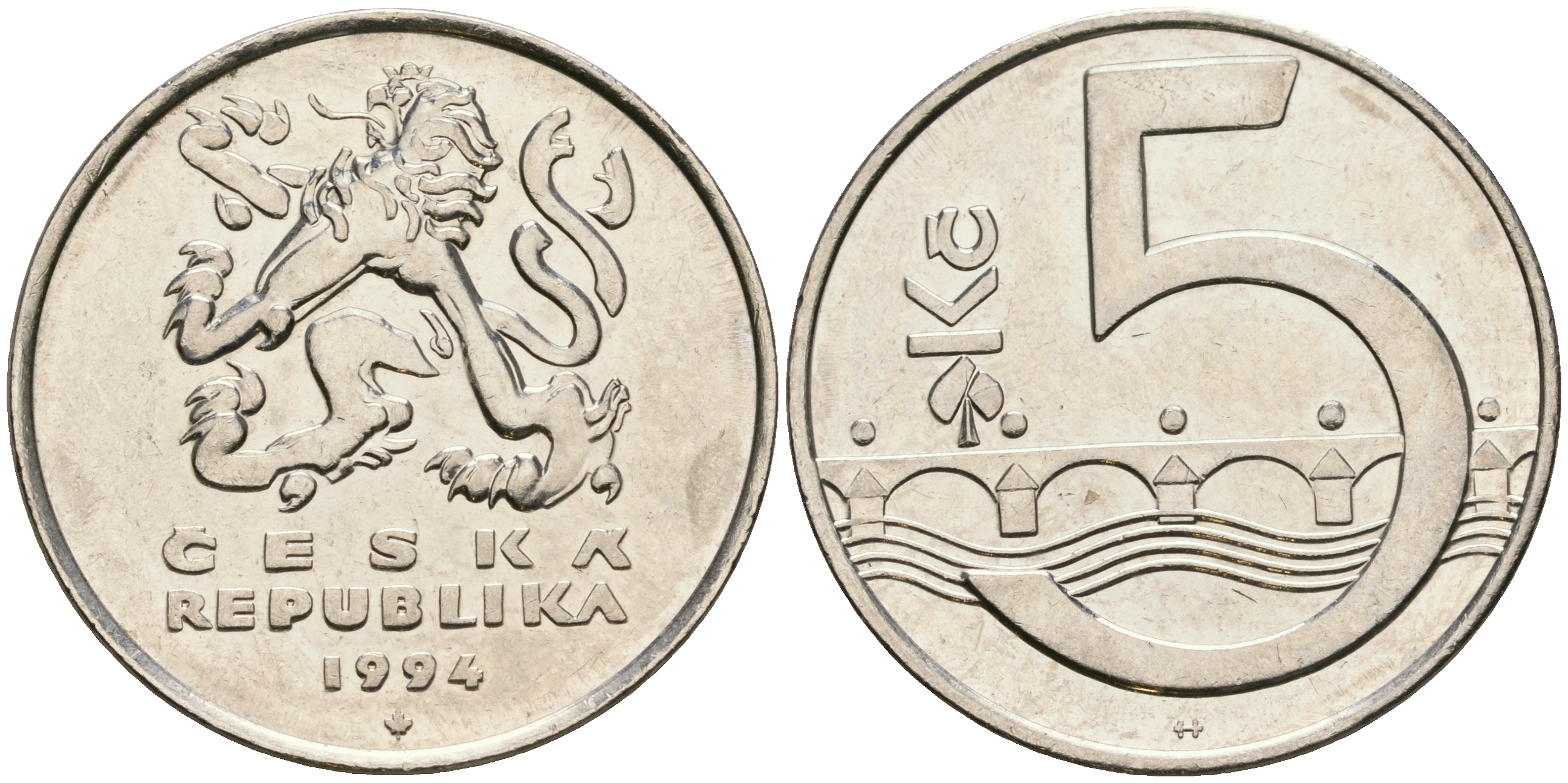 Чехия 5 крон 1994 чешский лев, Карлов мост KM 8 сталь плакированная никелем 08-1115