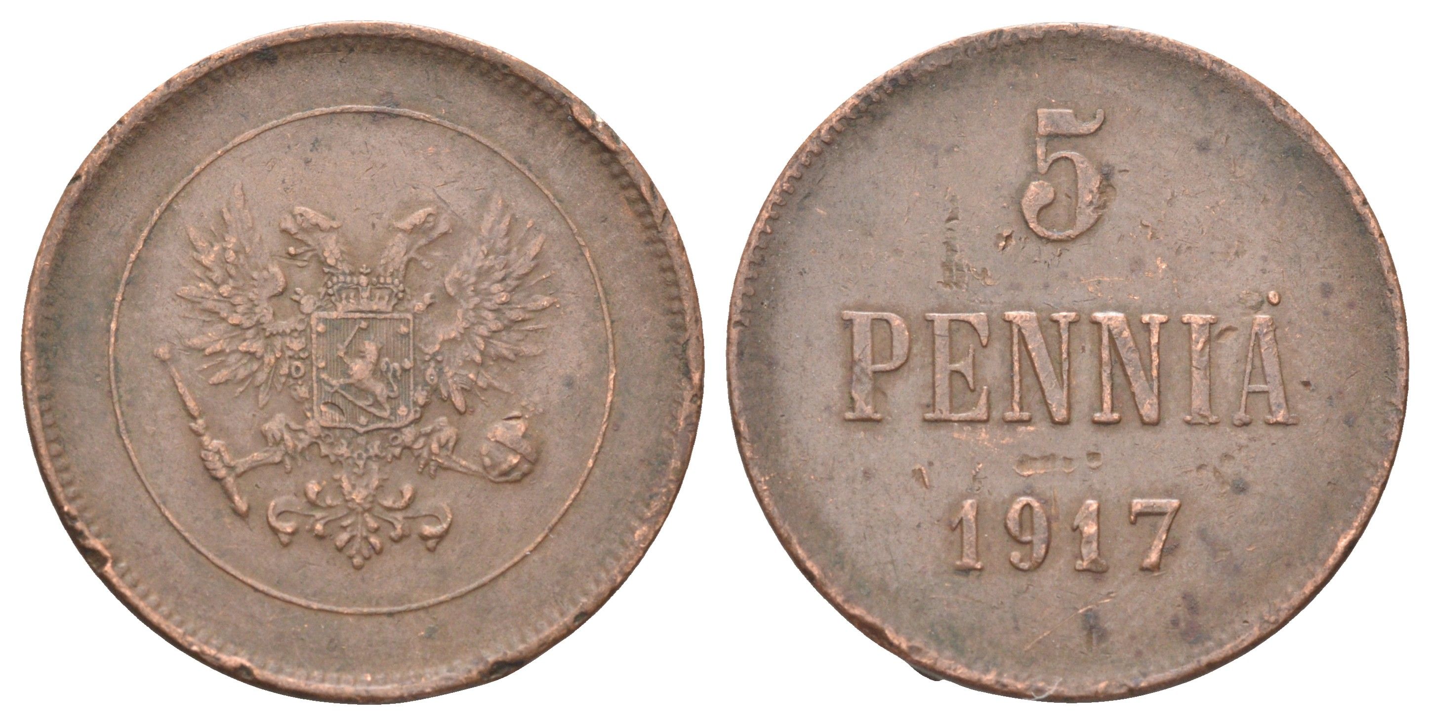 Россия для Финляндии 5 пенни 1917 временное правительство (03.1917-10.1917), без короны Биткин GSF4 медь 4707-732