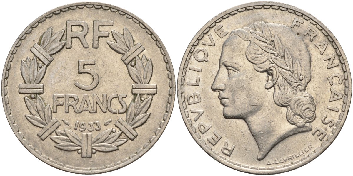 Франция 5 франков 1933 KM 888 никель 4144-344