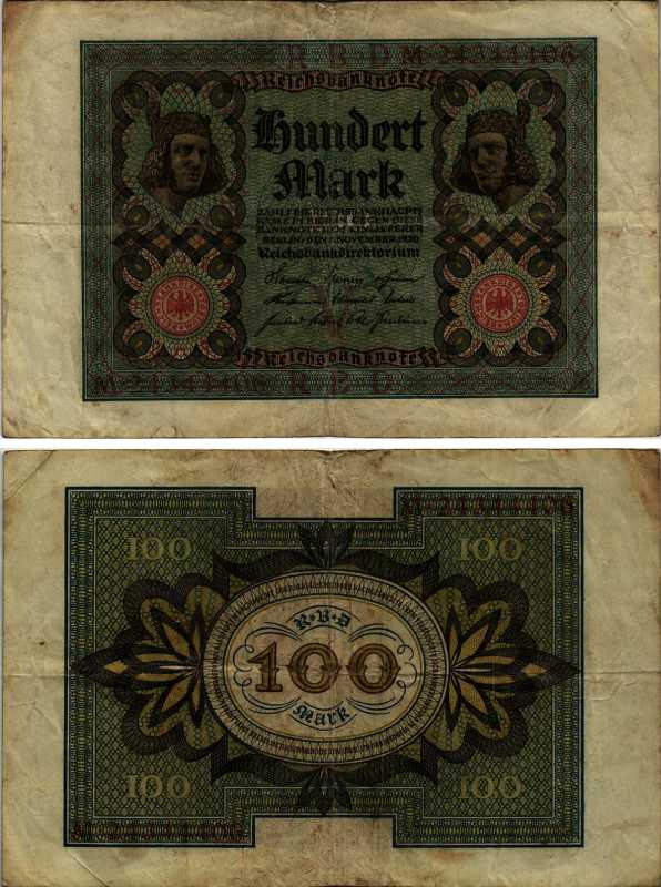 Германия 100 марок 1920 Бамбергский всадник, 8 цифр в номере, серия M, буква V Pick 69 b, Розенберг 69b бумага 6318-18-1-1