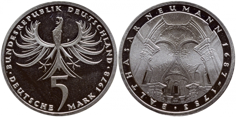 ФРГ 5 марок 1978 F, 225 лет со дня смерти Бальтазара Неймана KM 148, J.423 серебро PROOF 1520-1332