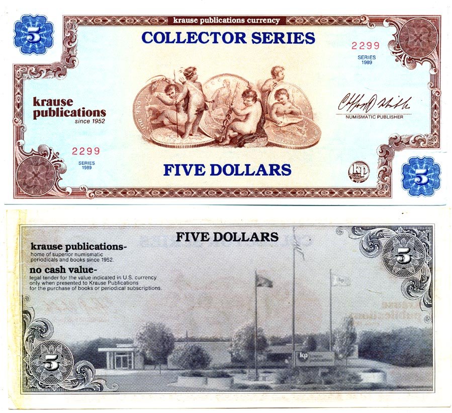 АМЕРИКА 5 ДОЛЛАРОВ 1989 KRAUSE PUBLICATIONS, COLLECTOR SERIES бумага 7146-52-3-1