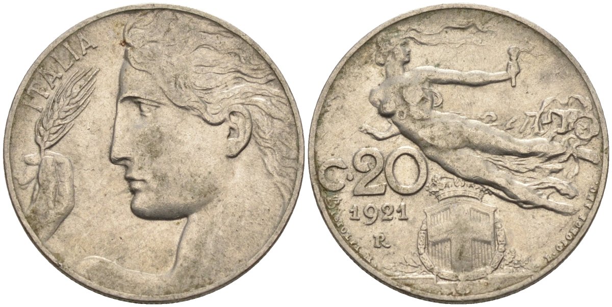 Италия 20 чентезимо 1921 R, Виктор Эммануил (1900-1946) KM 44 никель 4116-1253